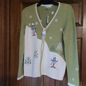 CHRISTOPHER & BANKS SAGE GREEN/CREAM CARDIGAN WITH PENGUINS/ SNOWFLAKES SZ  SM